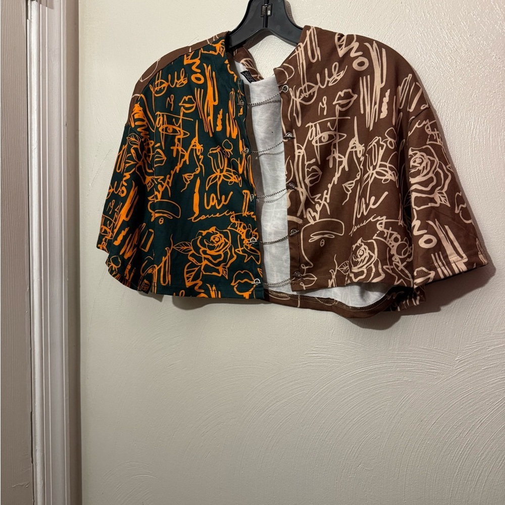 Half Sleeve Graphic Print Colorblock Chain Lace Up Shirt Crop Top Brown Green